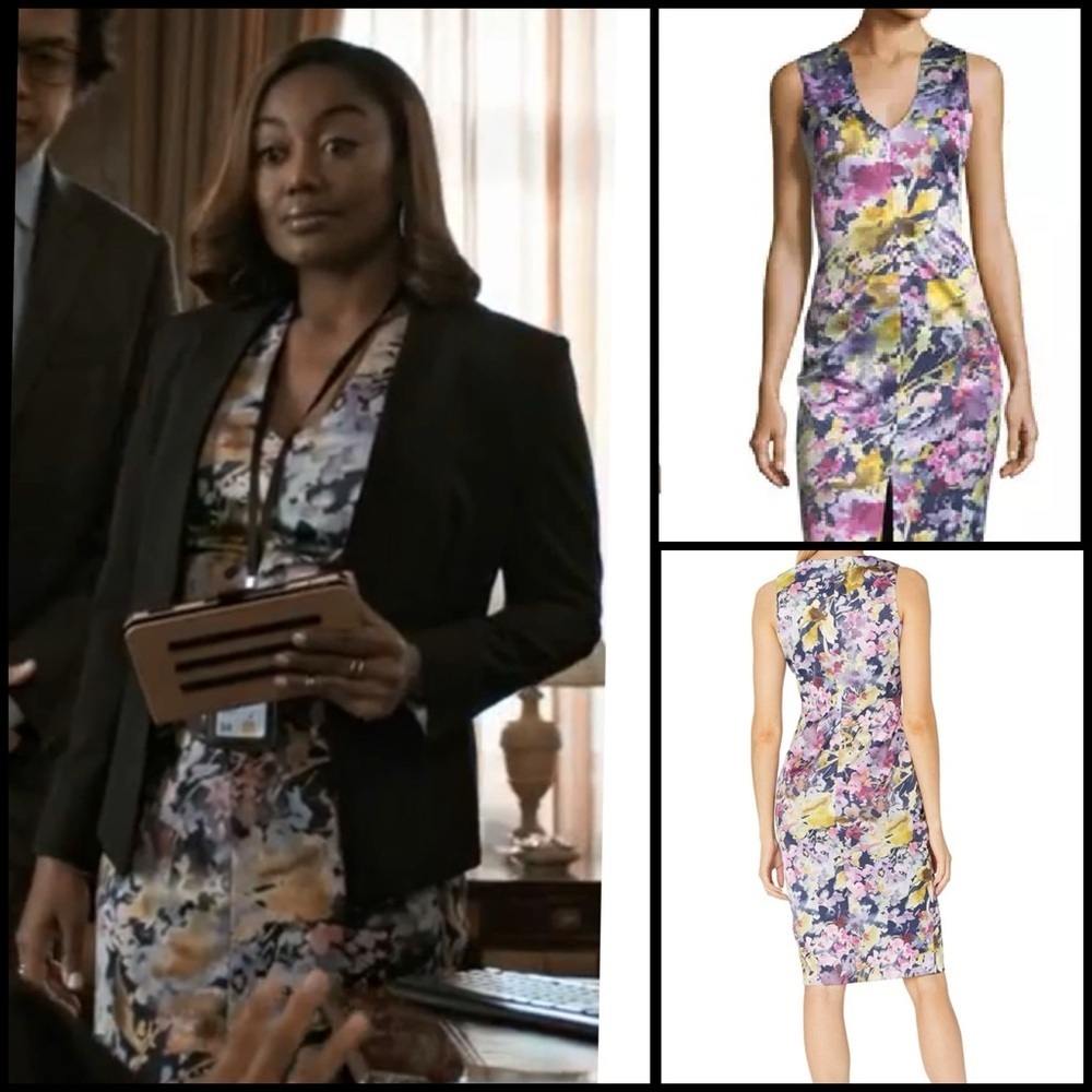 Aso Tv Madame Secretary Black Halo Coral Floral Sleeveless Sheath Dress 14